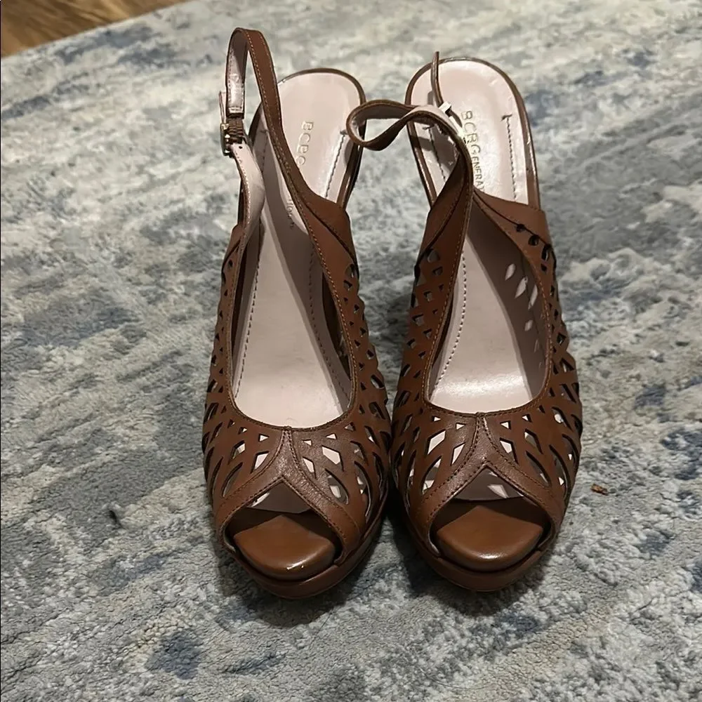 BCBGeneration Brown Peep Toe Platform Slingback‎ Heels Size 8.5 - Picture 2 of 4